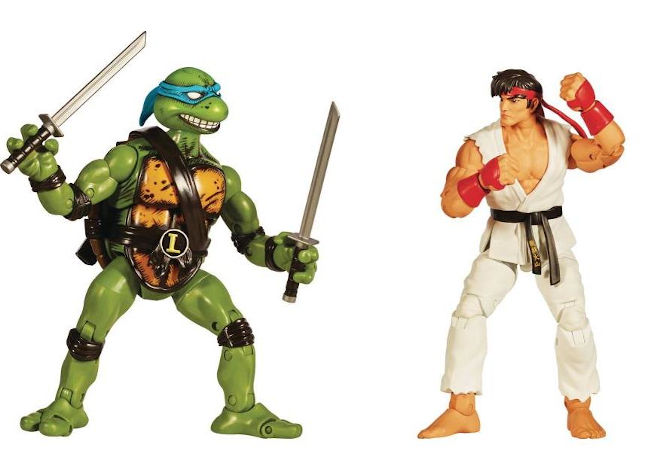 Imagen de las figuras de Leonardo y Ryu de la nueva línea Tortugas Ninja vs Street Fighter