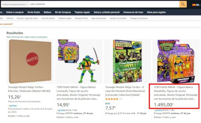 Imagen de la página de amazon con el precio de Donatello erróneo a 1495€