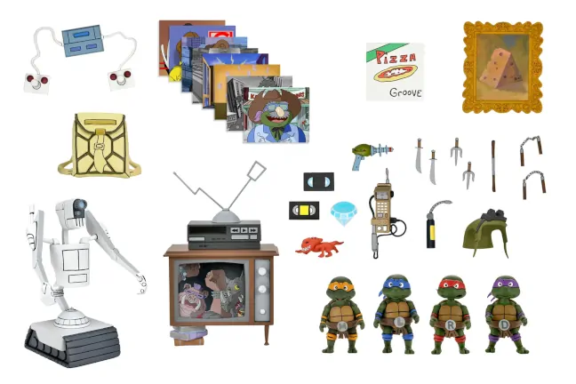 Imagen con todas las piezas que forman el pack de accesorios de la línea cartoon de Neca
