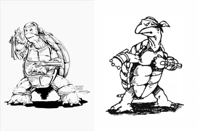 Imagen con los bocetos de La Primera Tortuga de Eastman(izda) y Leird(dcha)