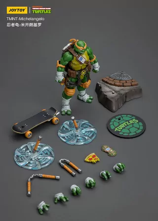 Imagen de la figura de Michelangelo de Joy Toy con todos sus accesorios