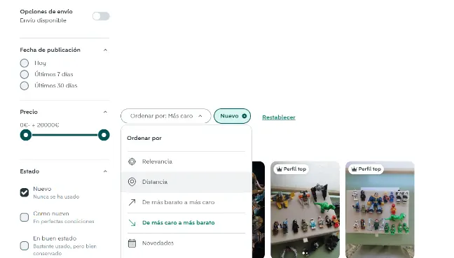 Imagen de los filtros de la plataforma Wallapop