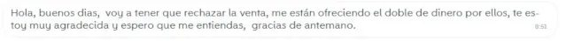 Imagen del mensaje de un vendedor tras comprar un producto en Wallapop