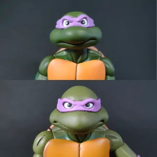 Imagen comparativa de los rostros de Donatello entre su versión Pizza Club (arriba) y la primera versión (abajo)