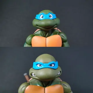 Imagen comparativa de los rostros de Leonardo entre su versión Pizza Club (arriba) y la primera versión (abajo)