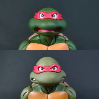 Imagen comparativa de los rostros de Raphael entre su versión Pizza Club (arriba) y la primera versión (abajo)