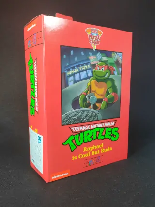 Imagen del packaging de la figura de Raphael Pizza Club de NECA