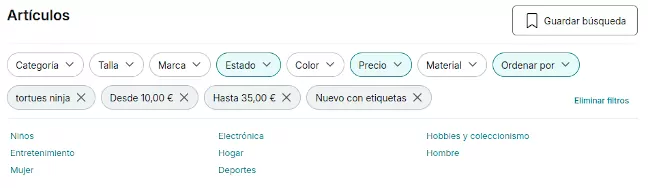 Imagen de los filtros que podemos encontrar en la aplicación de Vinted