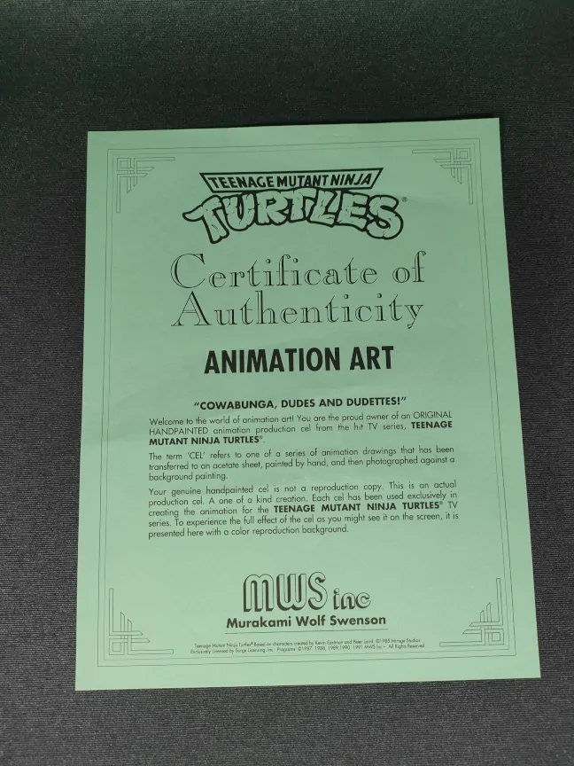 Imagen del certificado de autenticidad de las Animation Cel de Las Tortugas Ninja