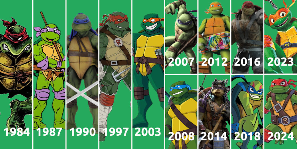 Imagen con la evolución en los diseños a través de la historia de Las Tortugas Ninja
