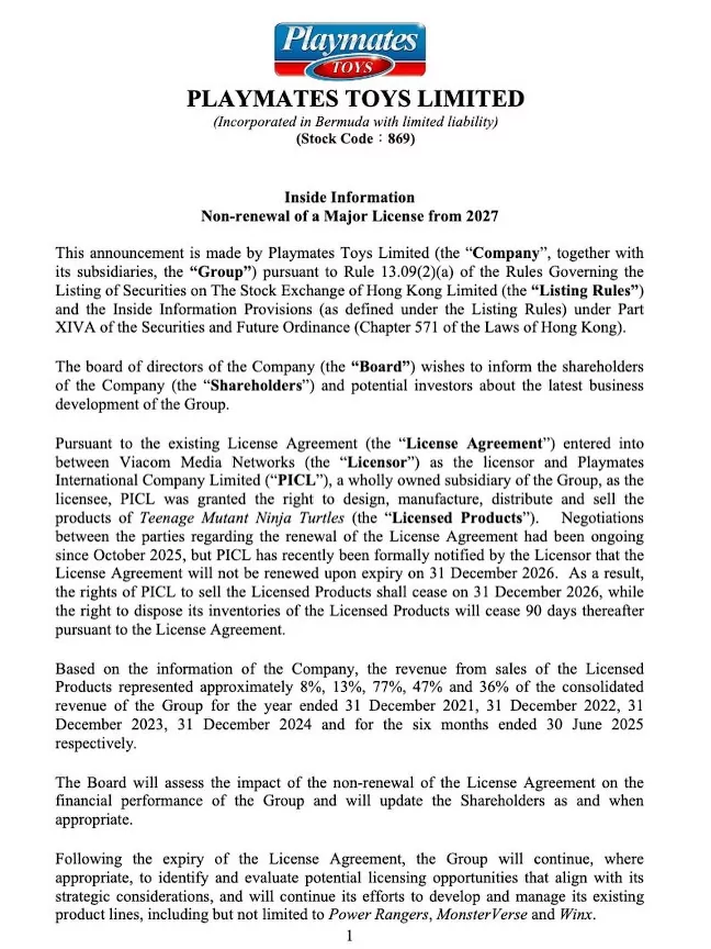 Comunicado en el que se anuncia que Playmates pierde Las Tortugas Ninja