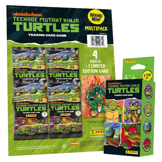 Imagen con el multipack y el multiset de cartas Tortugas Ninja de Panini