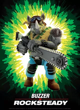 Ficha coleccionable de Buzzer Rocksteady, de la colección Tortugas Ninja X GI Joe