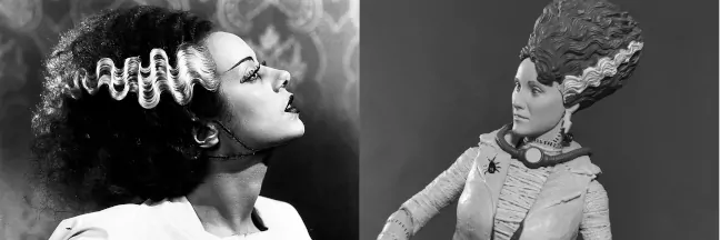 Imagen comparativa de la figura y la actriz que interpreta a la novia de Frankenstein